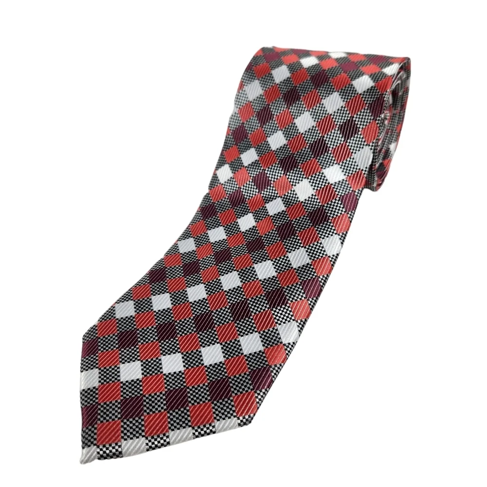 Bergamo New York Diamond Pattern Black Orange Mens Necktie with Pocket Square
